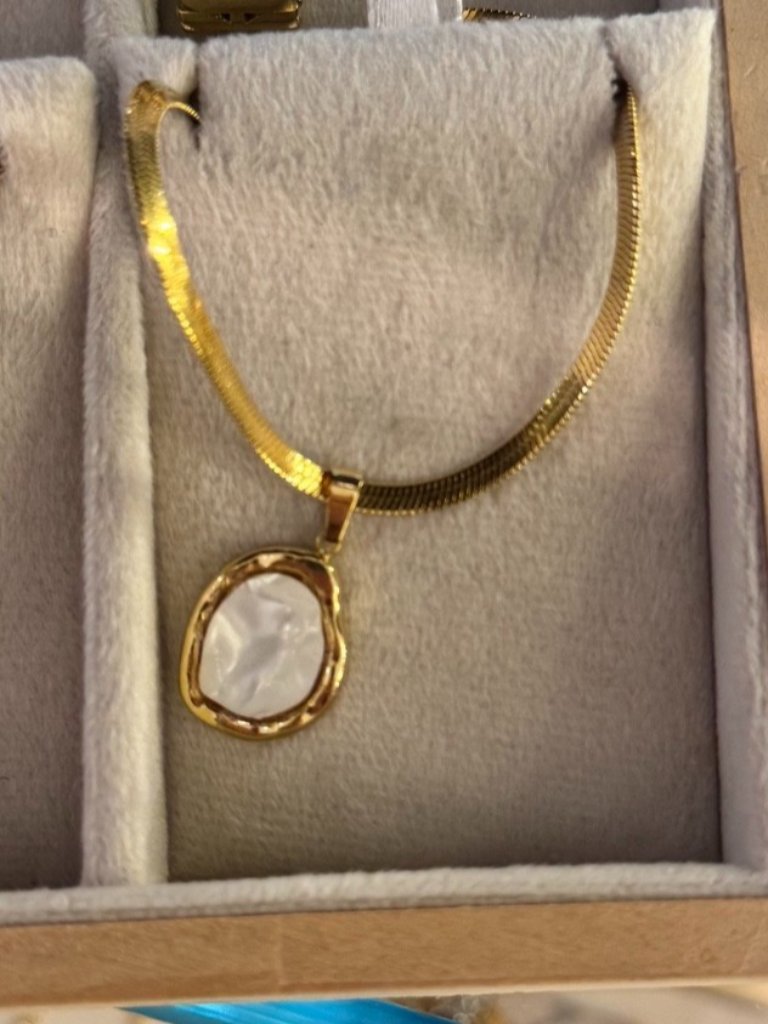 Gold Plated Pendant Necklace For Women | Mother Of Pearl Oval Charm | Waterproof